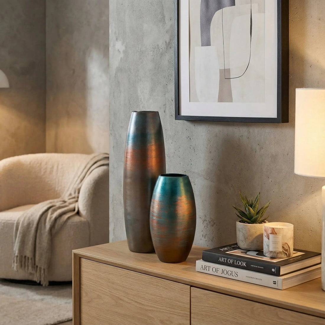 Ahenk Collection Handmade Ceramic Duo Vase Set Petrol Green Brown Copper Ahenk Collection