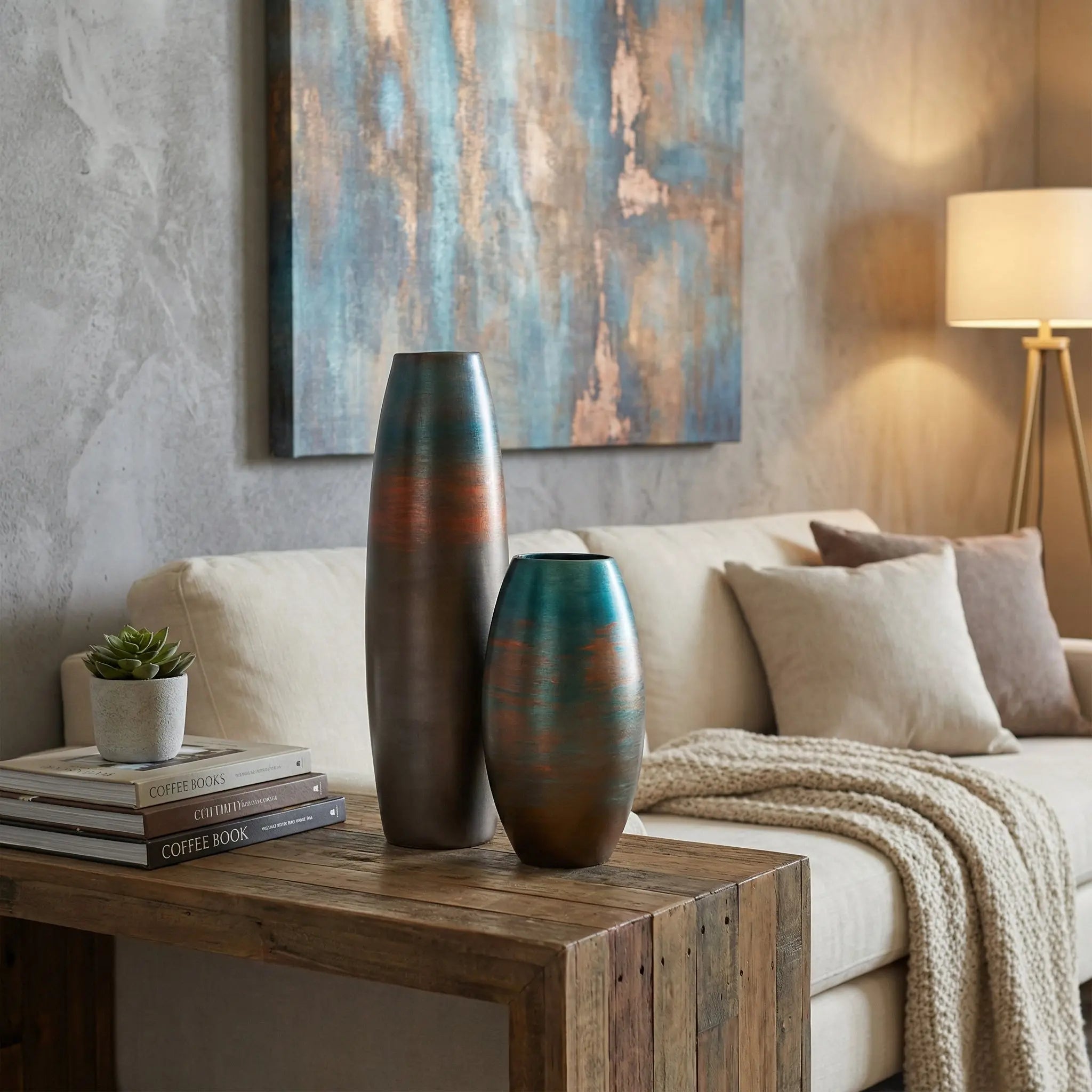 Ahenk Collection Handmade Ceramic Duo Vase Set Petrol Green Brown Copper Ahenk Collection