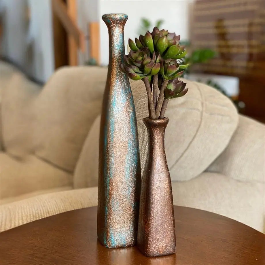 Bakırdan Koleksiyon Collection Glitter Ceramic Bottle Vase Duo 2 Pieces Petrol Green Bronze Copper Bakırdan Collection