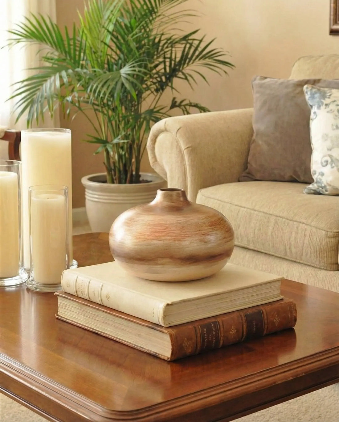 Ahenk Collection Ceramic Flat Vase Cream Brown Copper Tones Ahenk Collection