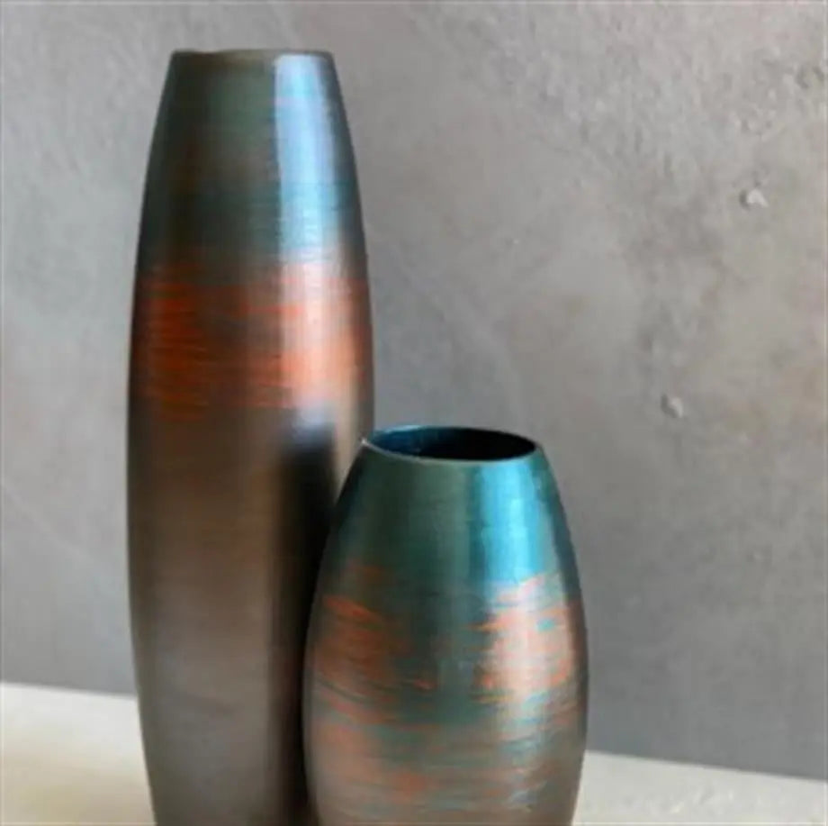 Ahenk Collection Handmade Ceramic Duo Vase Set Petrol Green Brown Copper Ahenk Collection