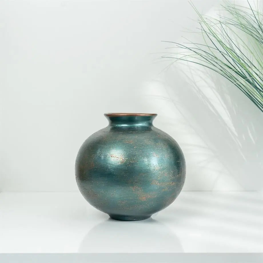 Bakırdan Series Verdantia Green Copper Glow Cube Vase Handmade Ceramic Bakırdan Collection