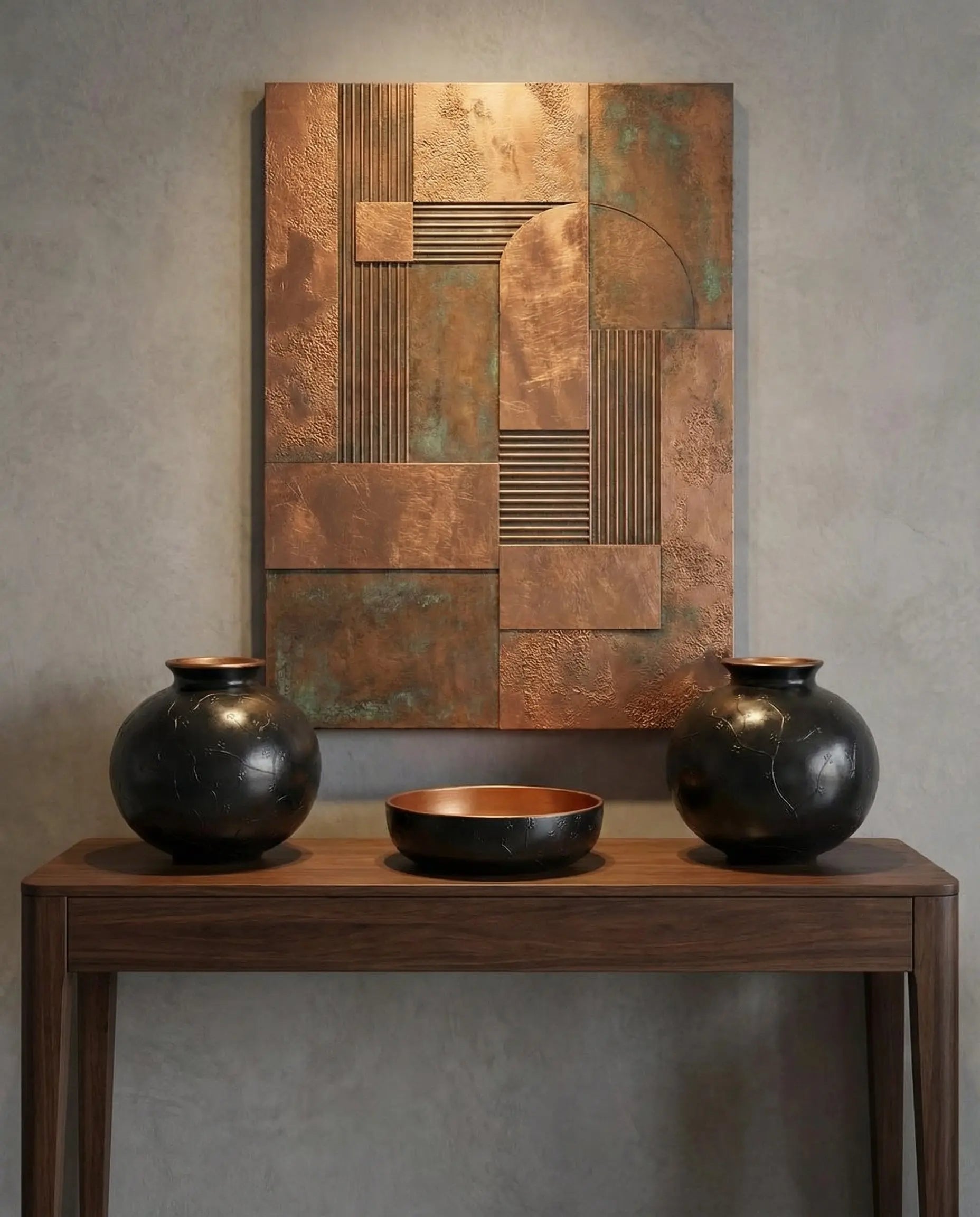 Bakırdan Collection Aura Dual Globe Sculptural Vase Set Matte Black with Copper Interior Bakırdan Collection