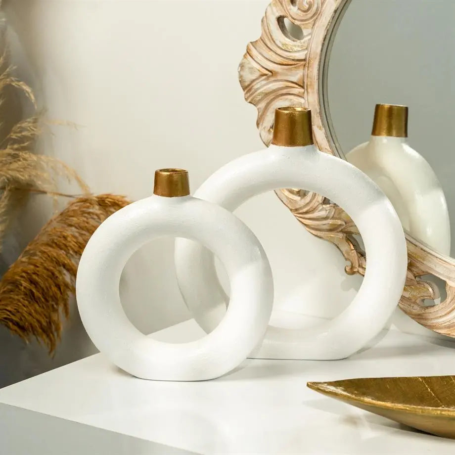 Black White Green Ring Vase Set Handmade Ceramic 2 Piece Dea'rt İstanbul