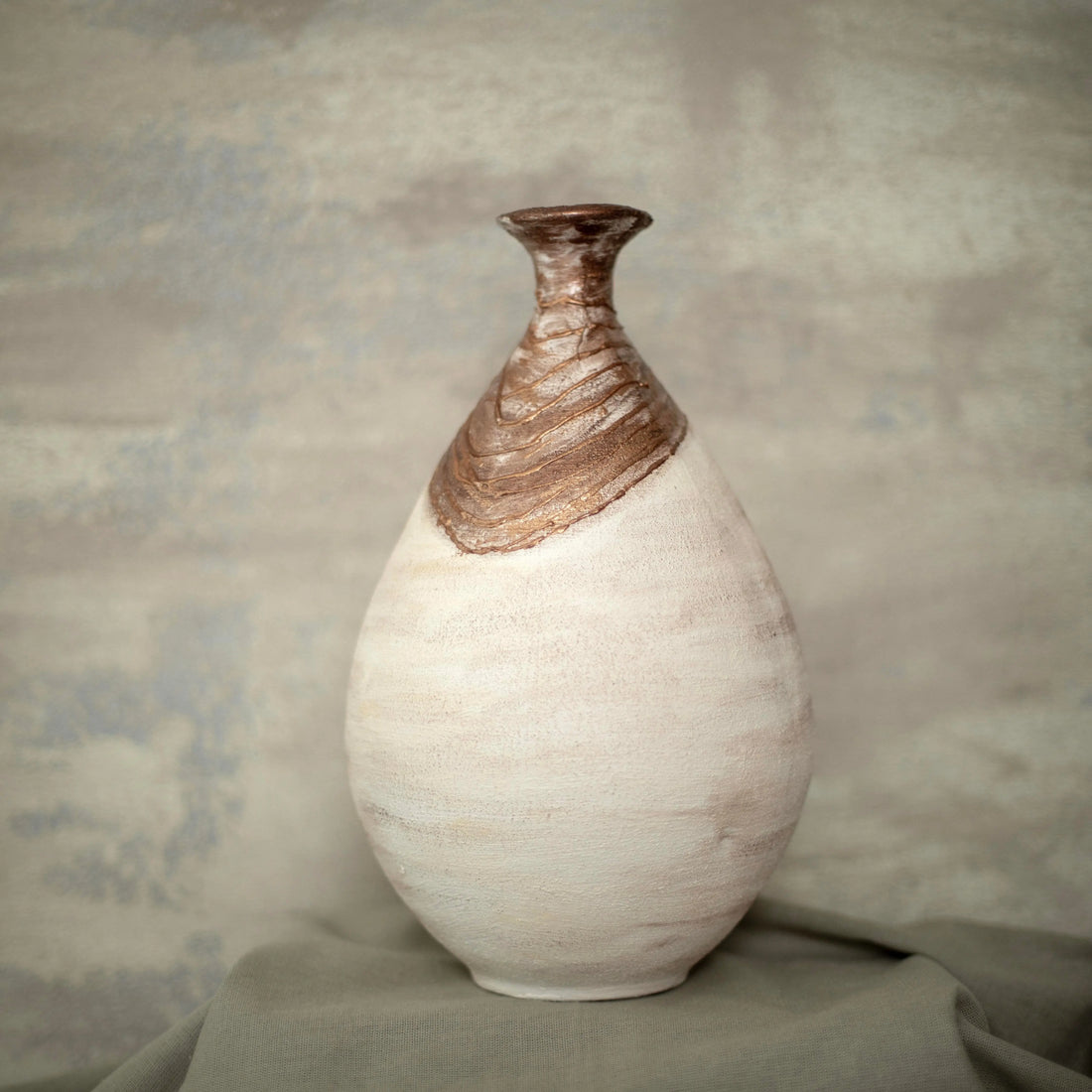 Boho Collection Copper Wave Handmade Small Decorative Vase Off White Sand Clay Copper Ceramic Boho Collection