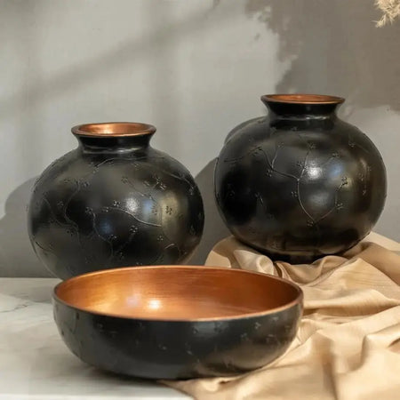 Bakırdan Koleksiyon Seramik Küp Vazo ve Çanak Seti El Yapımı 3 Parça Siyah Bronz 20.5cm Bakırdan Koleksiyon