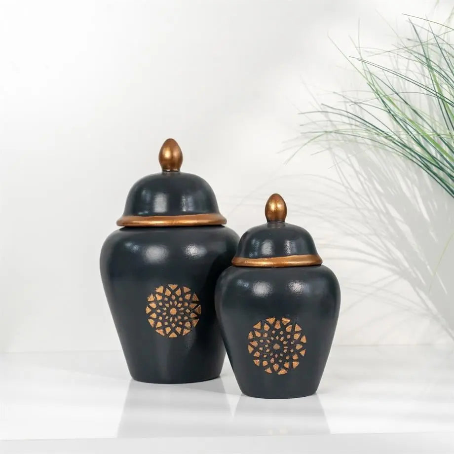 Bakırdan Collection Shah Emblem Lidded Vase Duo Handmade Dark Anthracite Ceramic Bakırdan Collection