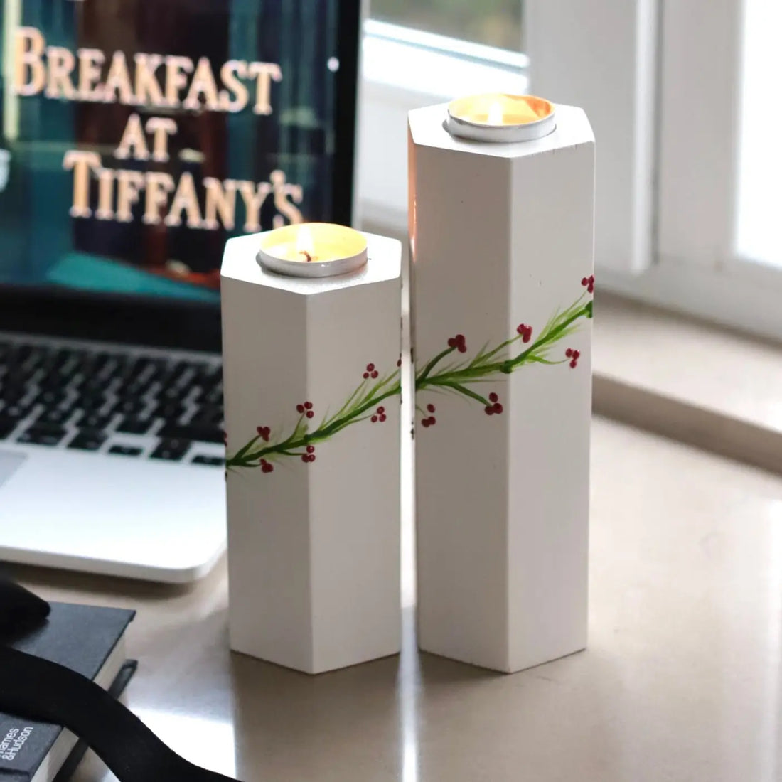 Handmade Solid Wood Candleholder Duo Cream Green Branch Red Floral Decor Dea'rt İstanbul