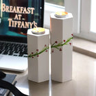 Handmade Solid Wood Candleholder Duo Cream Green Branch Red Floral Decor Dea'rt İstanbul