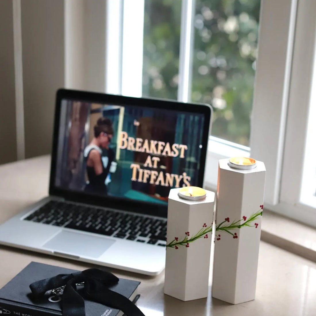 Handmade Solid Wood Candleholder Duo Cream Green Branch Red Floral Decor Dea'rt İstanbul