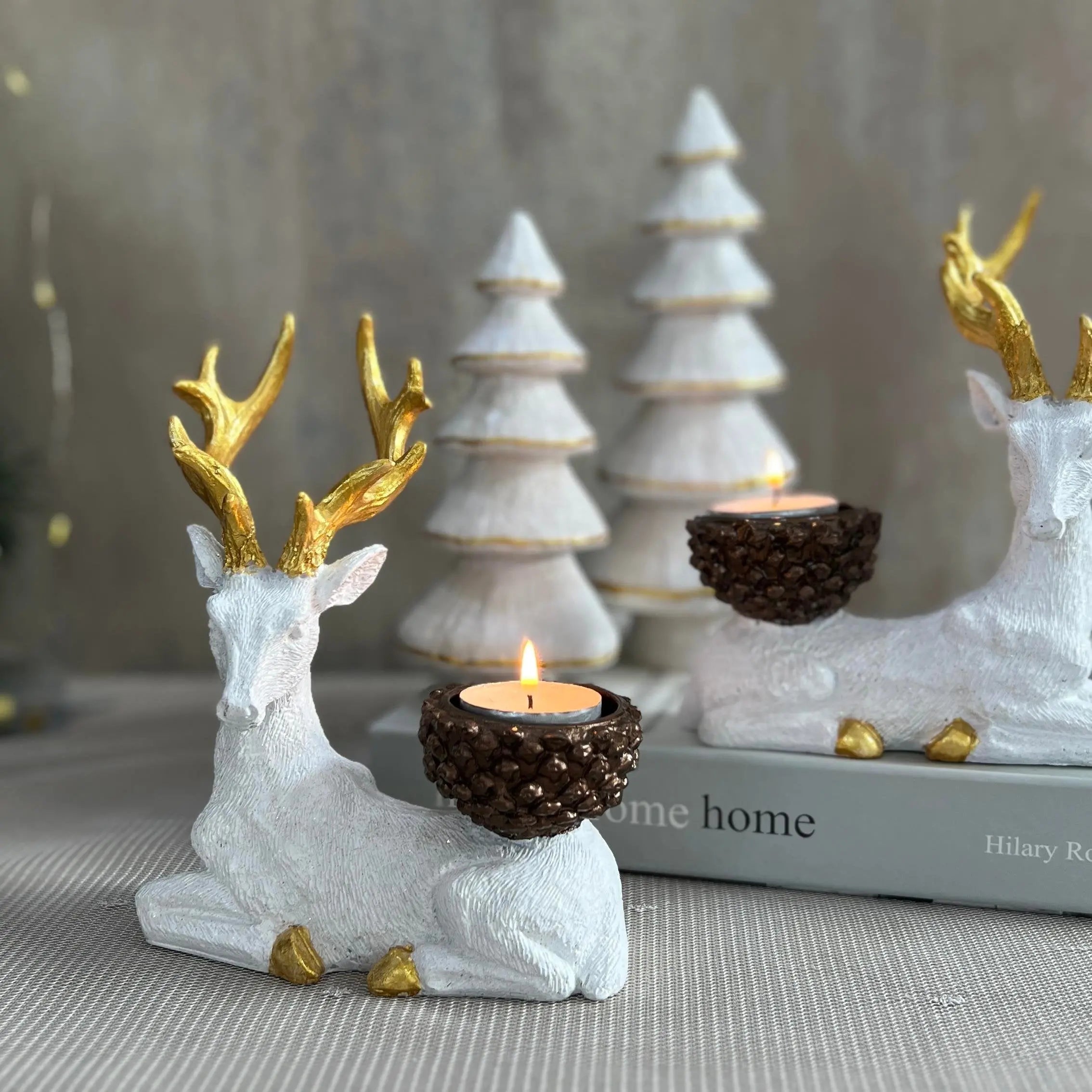 Handmade Artistic Gold Detail Reindeer Candleholder Duo Christmas New Year Winter Decor Dea'rt İstanbul