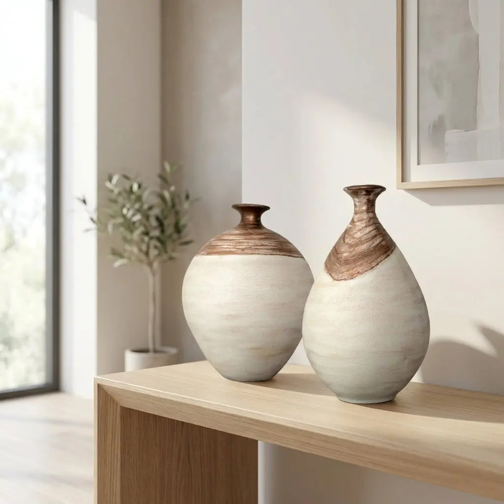 Boho Collection Copper Crest Handmade Large Decorative Vase Off White Sand Clay Copper Ceramic Boho Collection