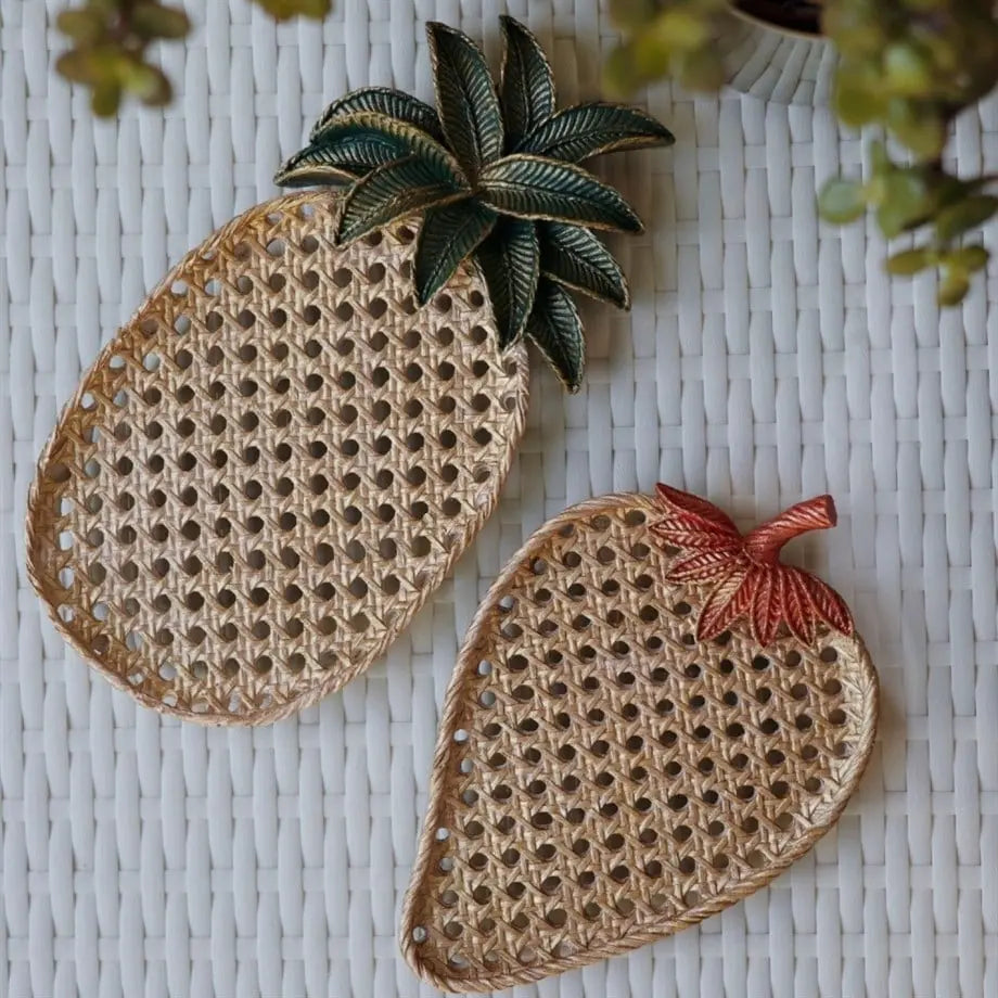 Hazera Handmade Pineapple Decorative Tray with Cane Weave Texture Tropical Home Decor Dea'rt İstanbul
