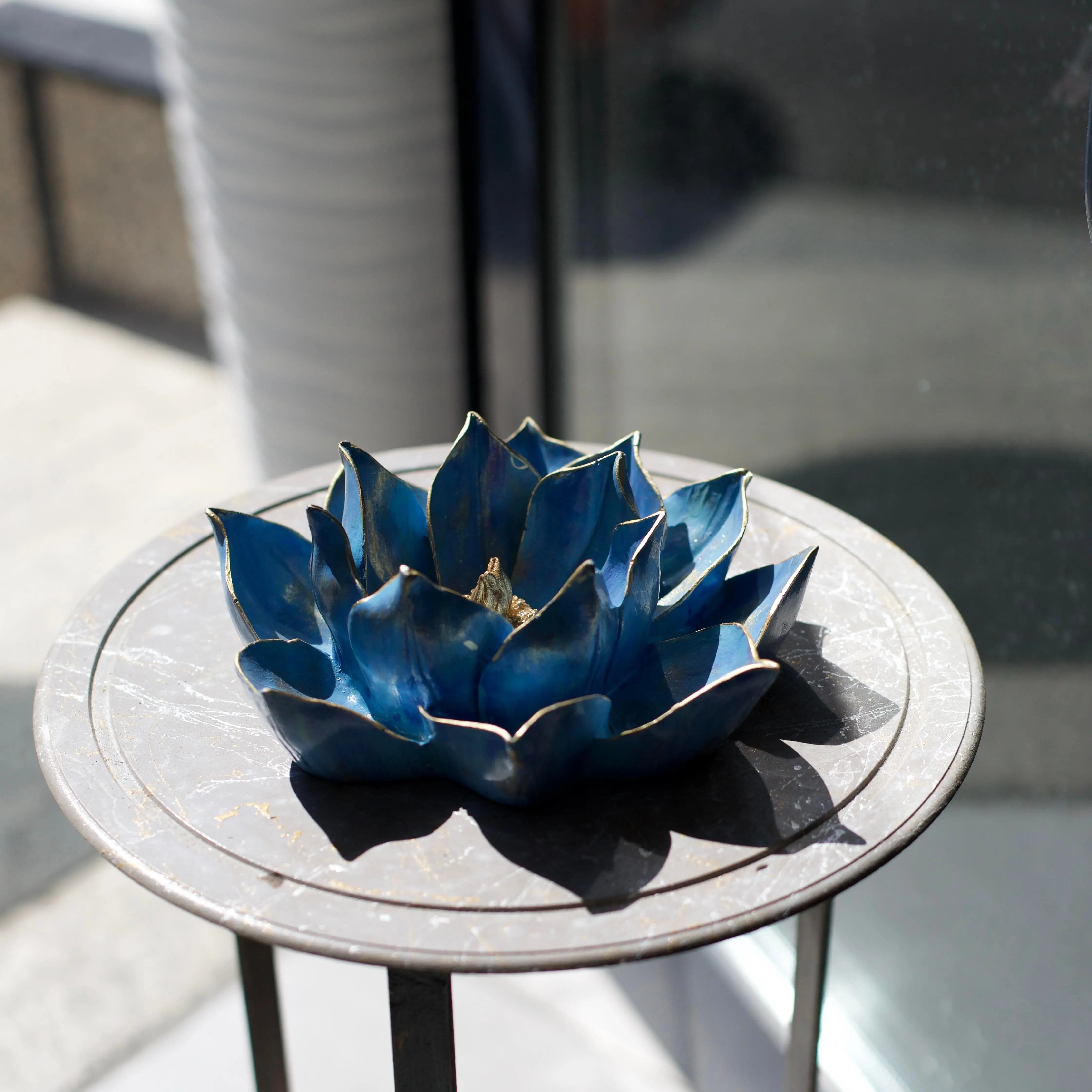 Handmade Aegean Blue Lotus Table Sculpture with Antique Gold Accents Dea'rt İstanbul