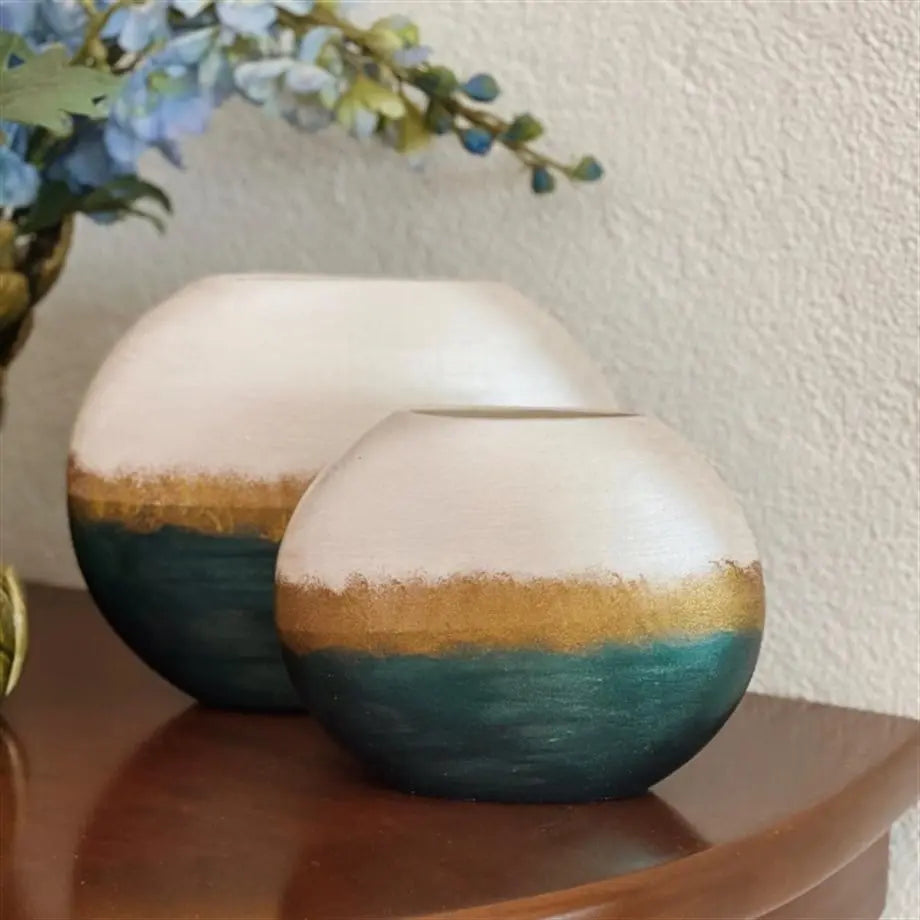Margarita Tides Handmade Globe Ceramic Vase Duo Pearl Ivory Gold Band Petrol Green Dea'rt İstanbul