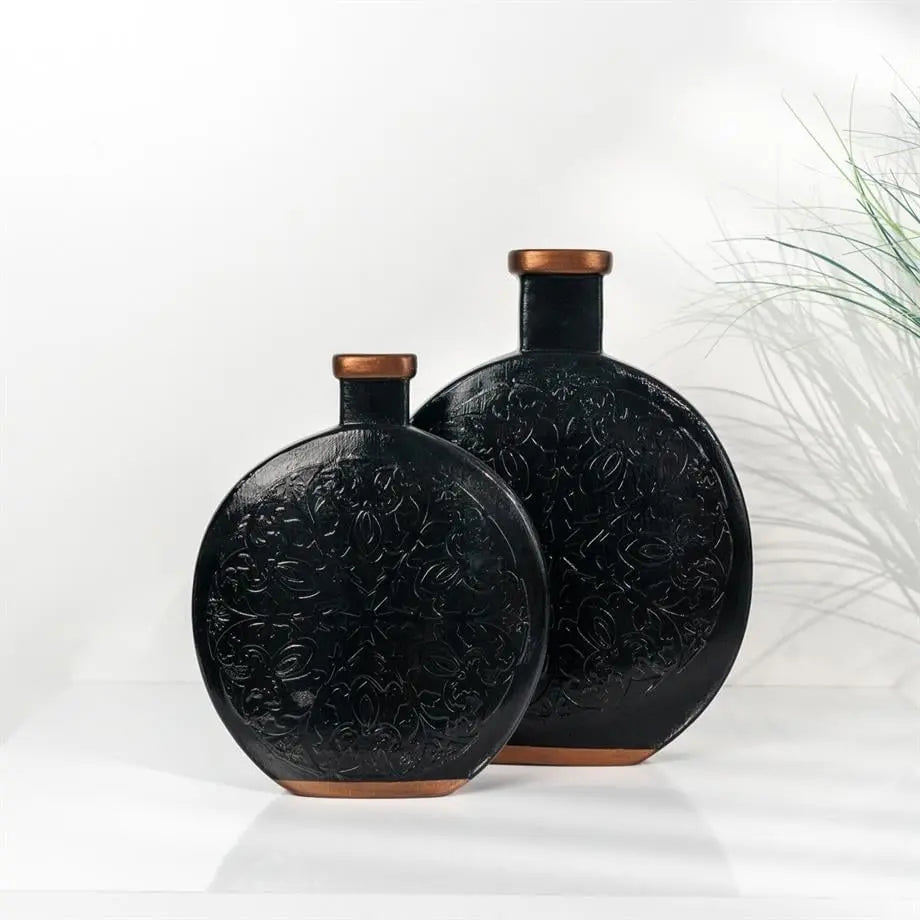 Bakırdan Collection Eclipse Copper Embossed Vase Duo Matte Black Handmade Ceramic Bakırdan Collection