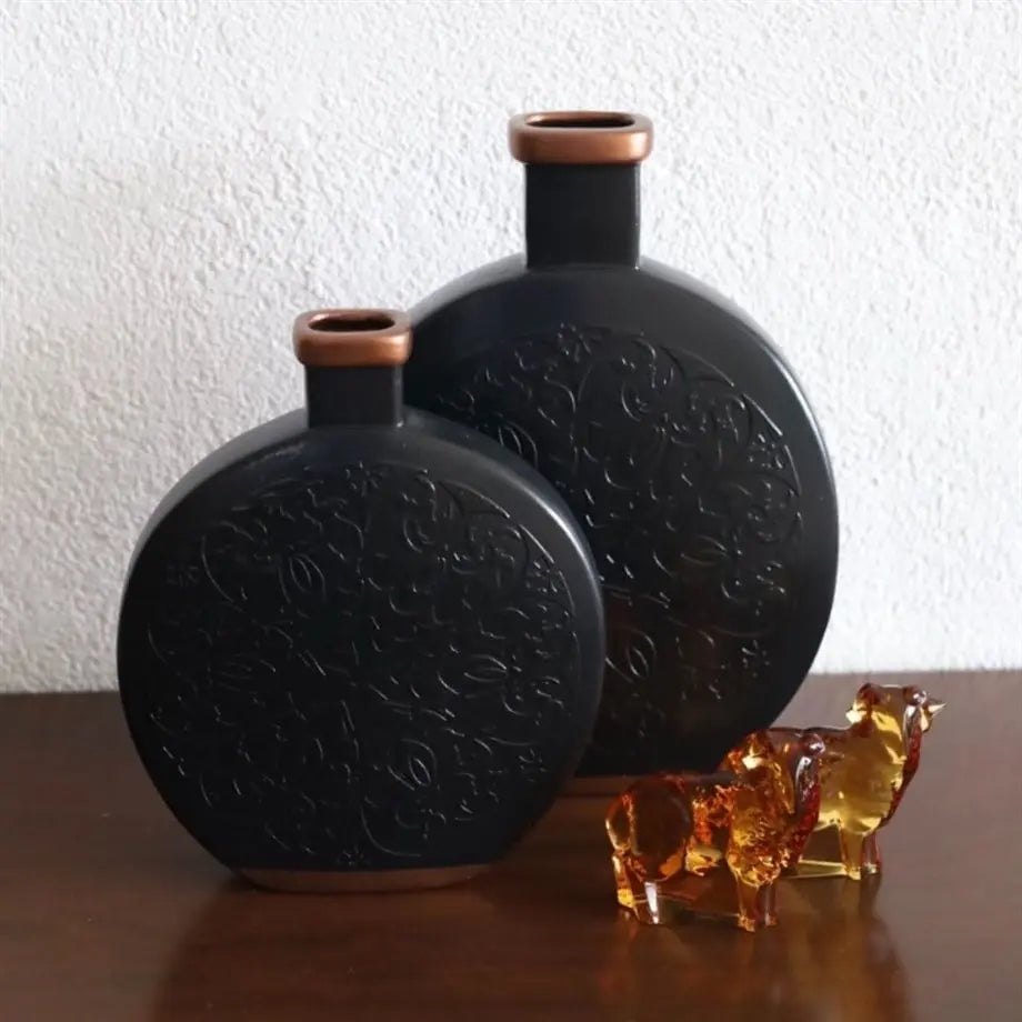 Bakırdan Collection Eclipse Copper Embossed Vase Duo Matte Black Handmade Ceramic Bakırdan Collection