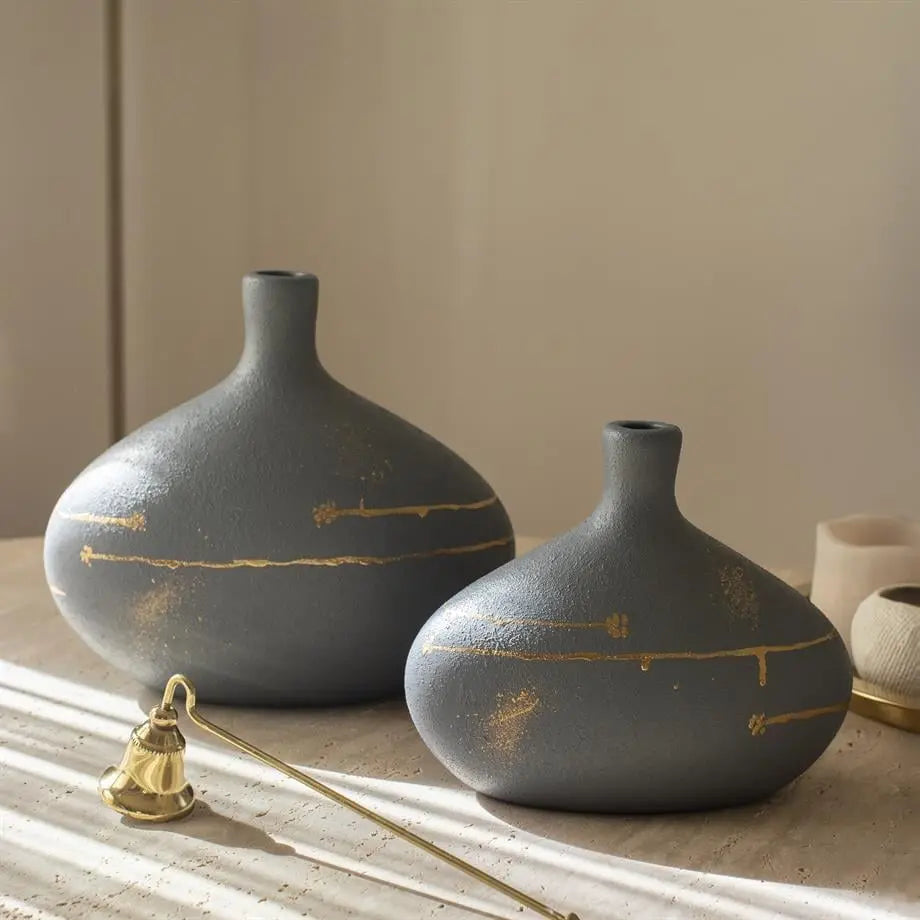 Handmade Nova Starlit Horizon Ceramic Vase Duo in Charcoal Gray with Gold Details Dea'rt İstanbul