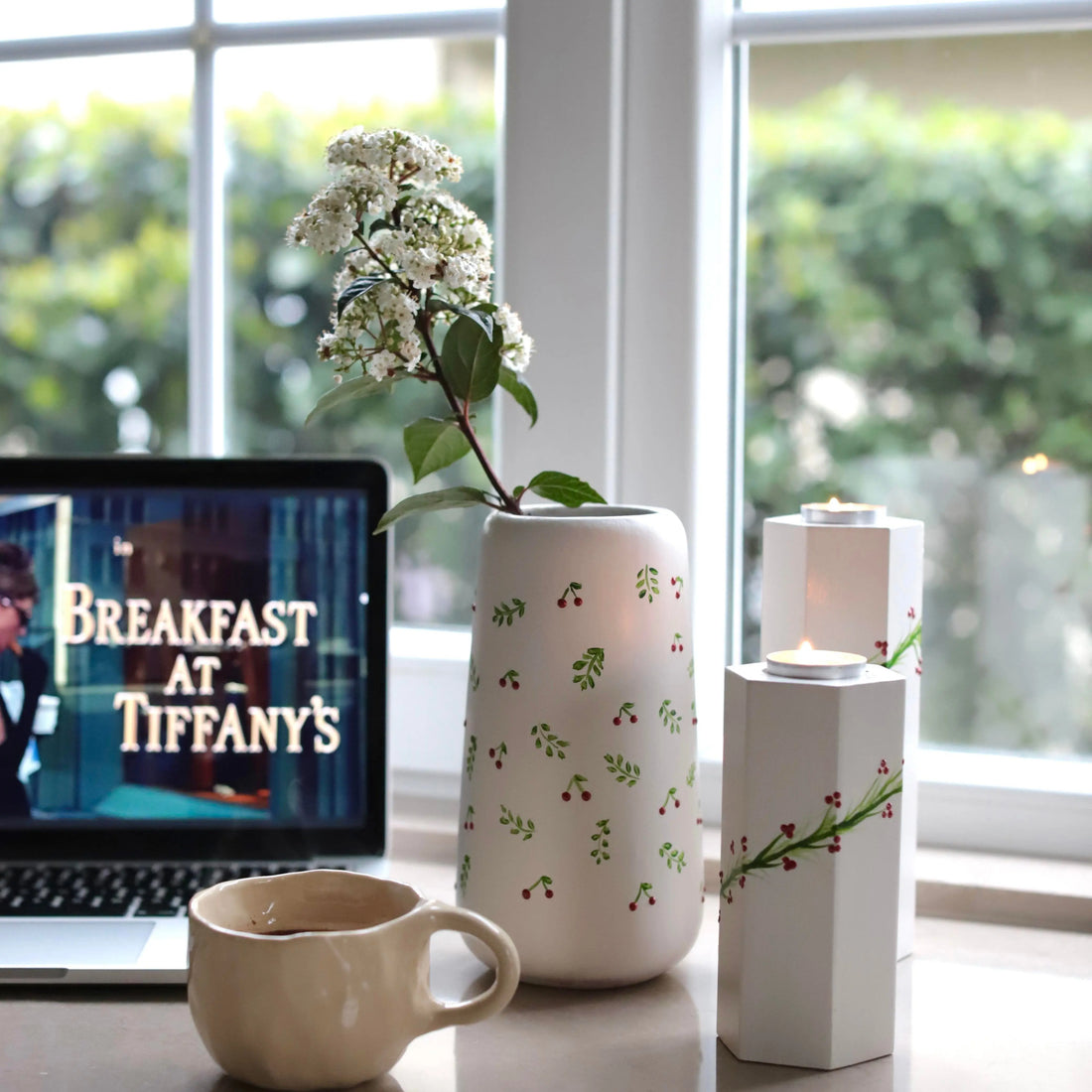 Cherry Meadow Small Hand Painted Ceramic Vase Cream White Spring Decor Dea'rt İstanbul