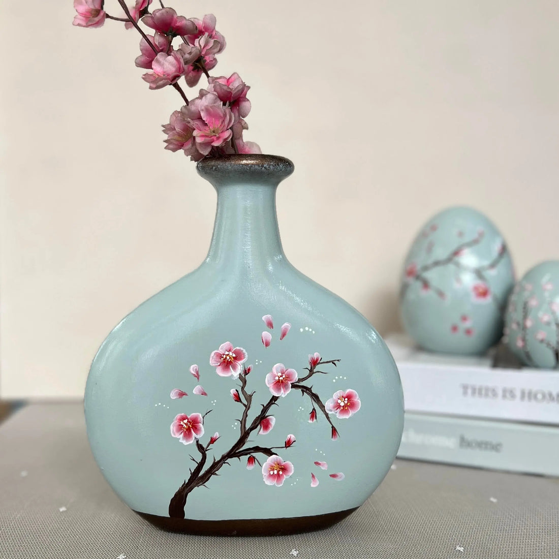 Sakura Petal Poem Hand-Painted Ceramic Vase in Misty Green Dea'rt İstanbul