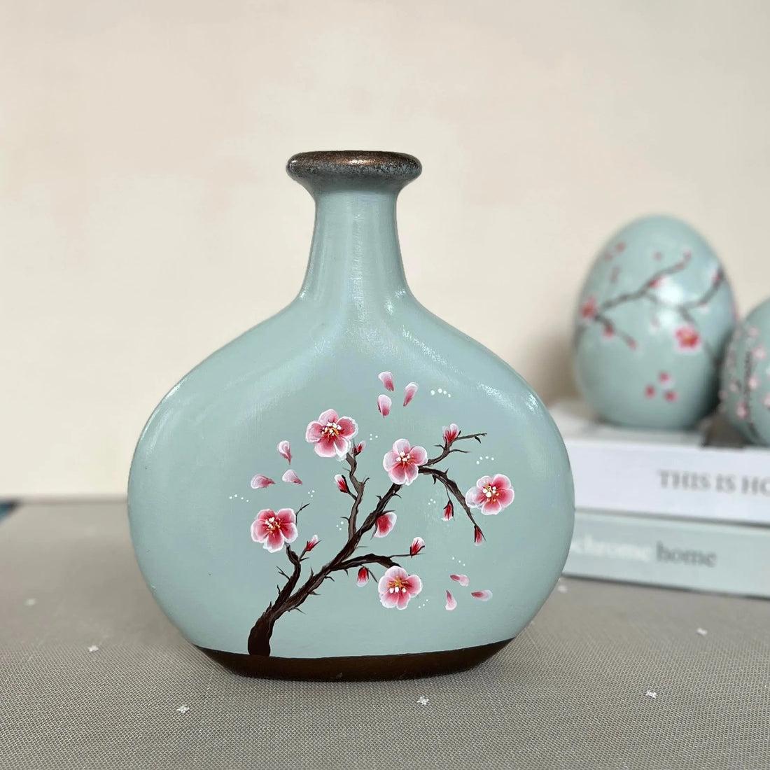Sakura Petal Poem Hand-Painted Ceramic Vase in Misty Green Dea'rt İstanbul