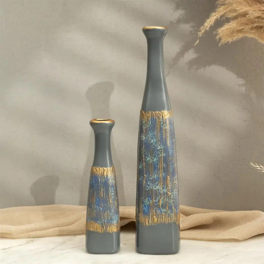 Semavi Collection Azure Cascade Handmade Tall Vase Duo Set Grey Blue Gold Ceramic Semavi Collection