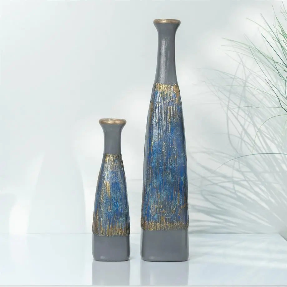 Semavi Collection Azure Cascade Handmade Tall Vase Duo Set Grey Blue Gold Ceramic Semavi Collection