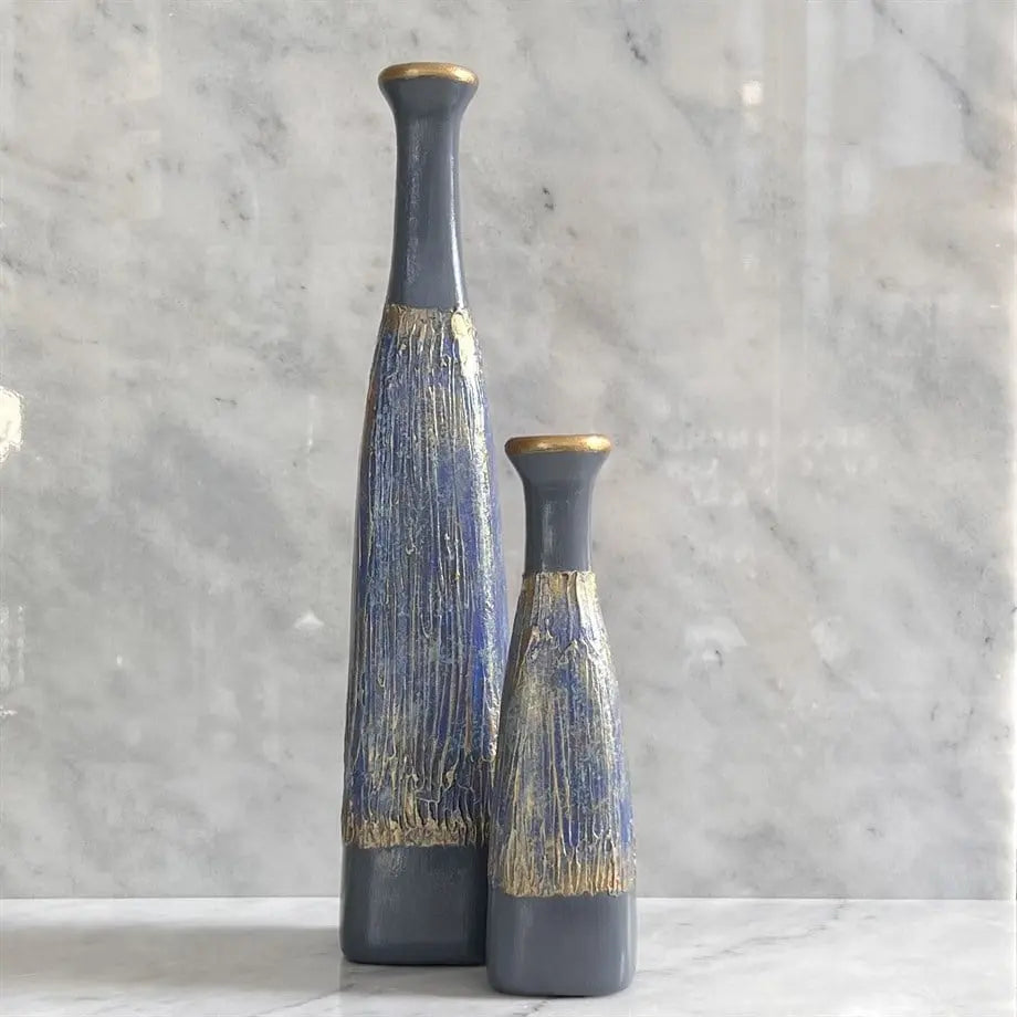 Semavi Collection Azure Cascade Handmade Tall Vase Duo Set Grey Blue Gold Ceramic Semavi Collection