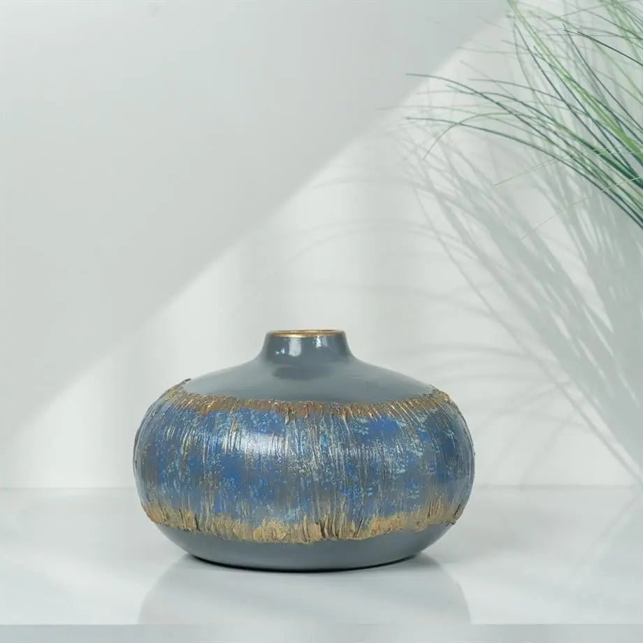 Semavi Collection Azure Halo Handmade Low Profile Decorative Vase Grey Blue Gold Ceramic Semavi Collection