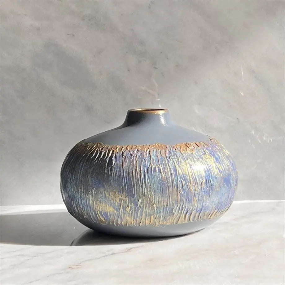 Semavi Collection Azure Halo Handmade Low Profile Decorative Vase Grey Blue Gold Ceramic Semavi Collection