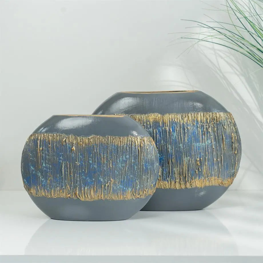 Semavi Collection Azure Horizon Handmade Slim Sculptural Vase Duo Set Grey Blue Gold Ceramic Semavi Collection