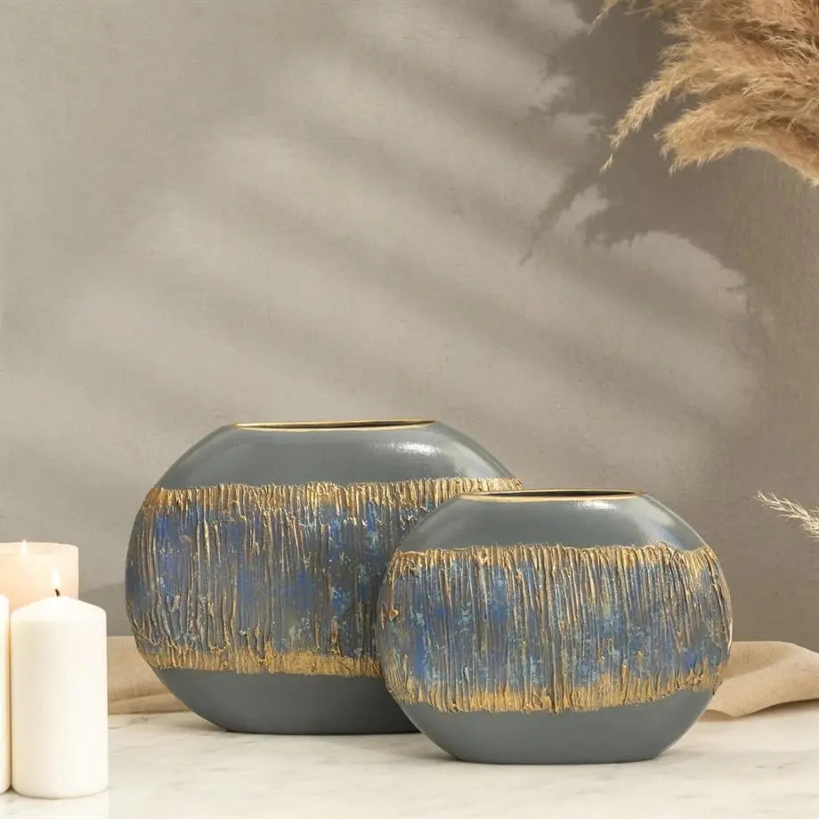 Semavi Collection Azure Horizon Handmade Slim Sculptural Vase Duo Set Grey Blue Gold Ceramic Semavi Collection