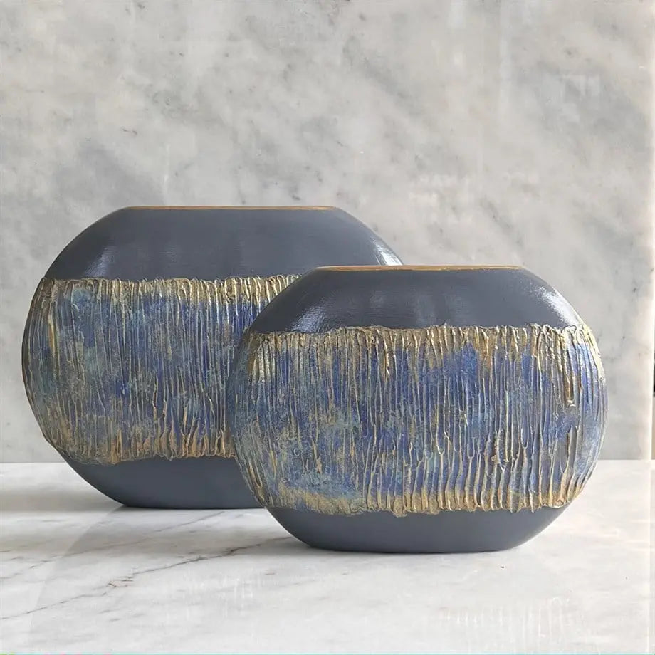 Semavi Collection Azure Horizon Handmade Slim Sculptural Vase Duo Set Grey Blue Gold Ceramic Semavi Collection