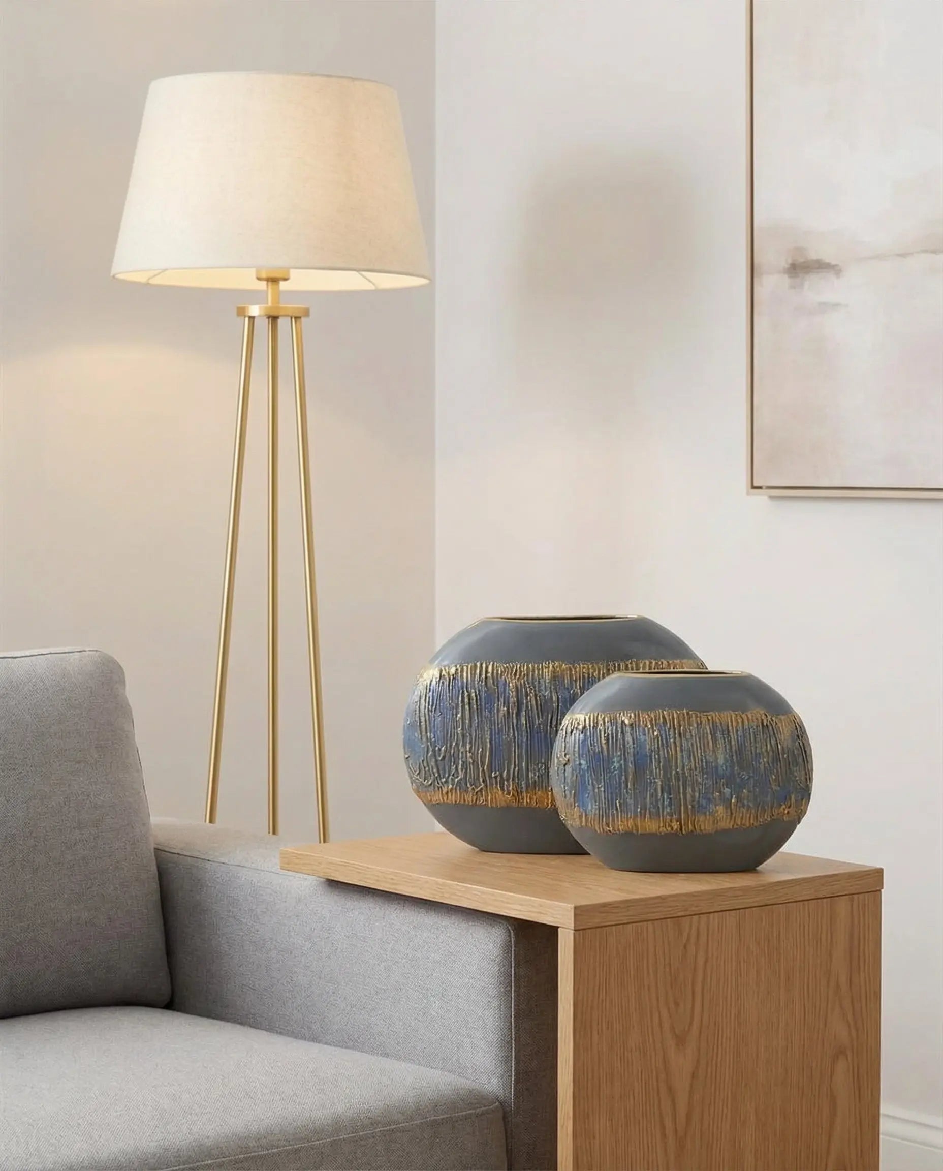 Semavi Collection Azure Horizon Handmade Slim Sculptural Vase Duo Set Grey Blue Gold Ceramic Semavi Collection