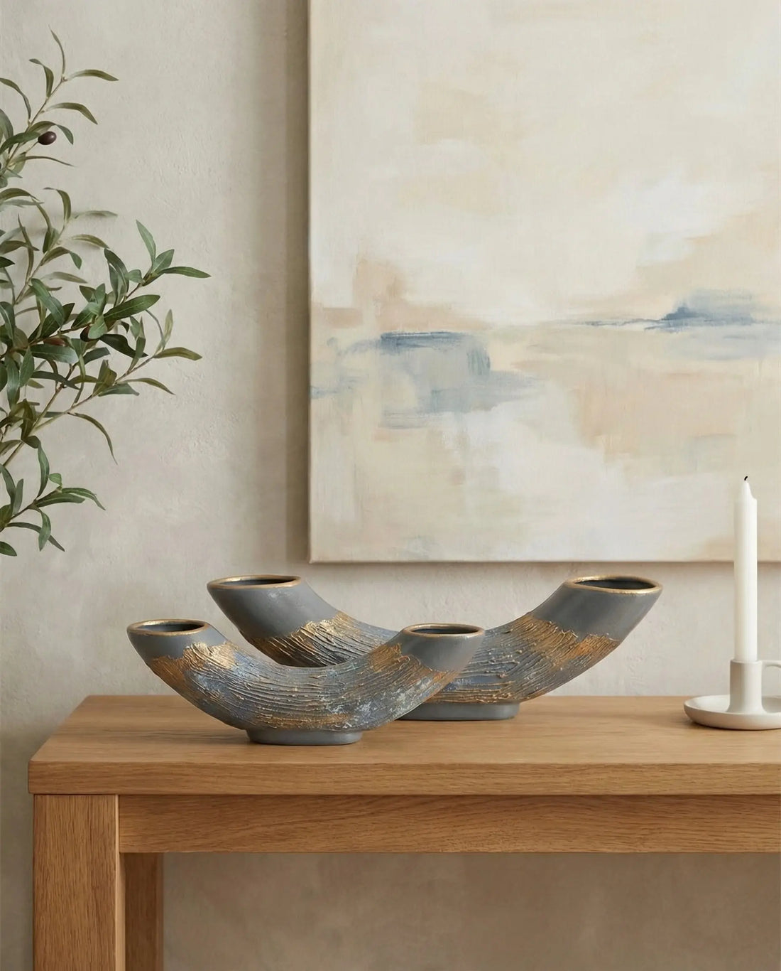 Semavi Collection Crescent Tide Handmade Half Moon Dual Vase Set Grey Blue Gold Ceramic Semavi Collection