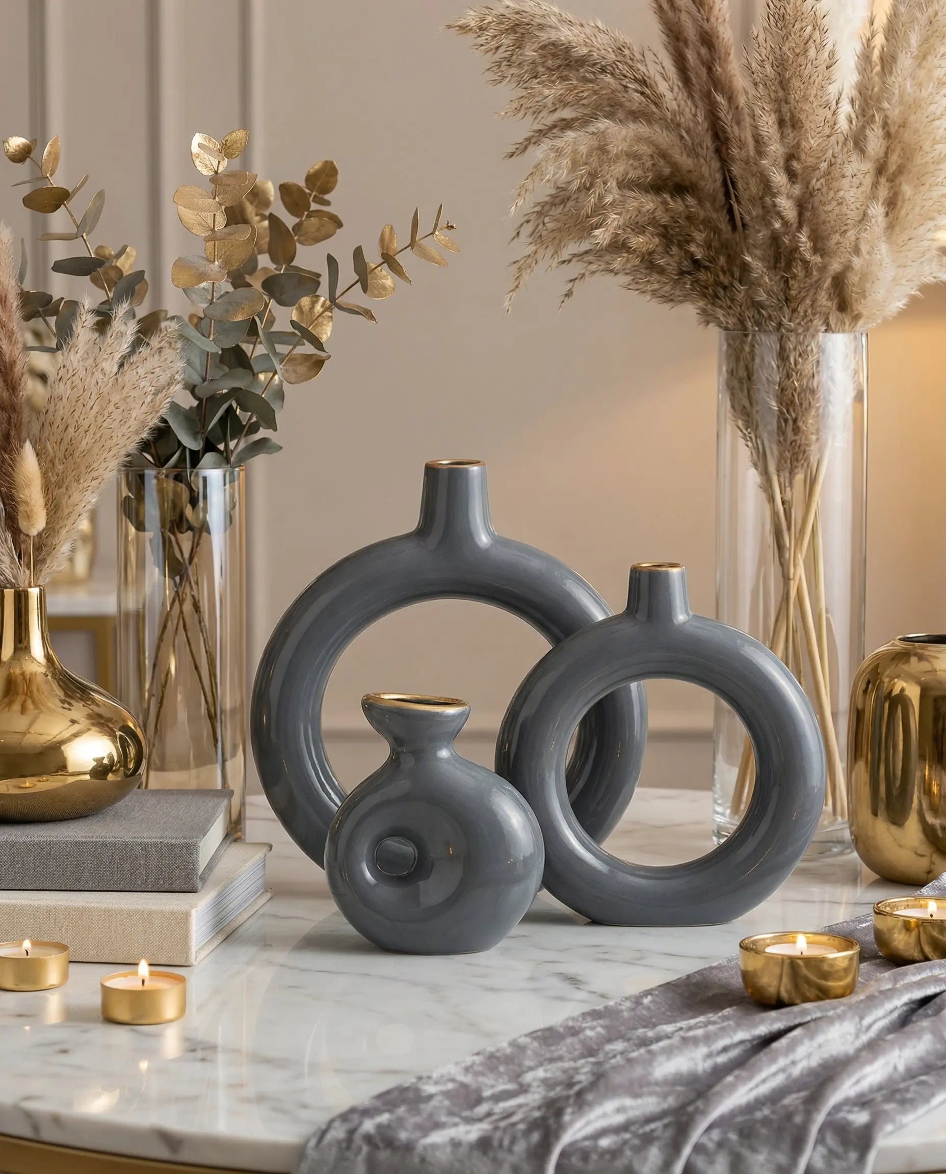 Semavi Collection Golden Halo Handmade Ring Vase Trio Set Grey Ceramic Semavi Collection