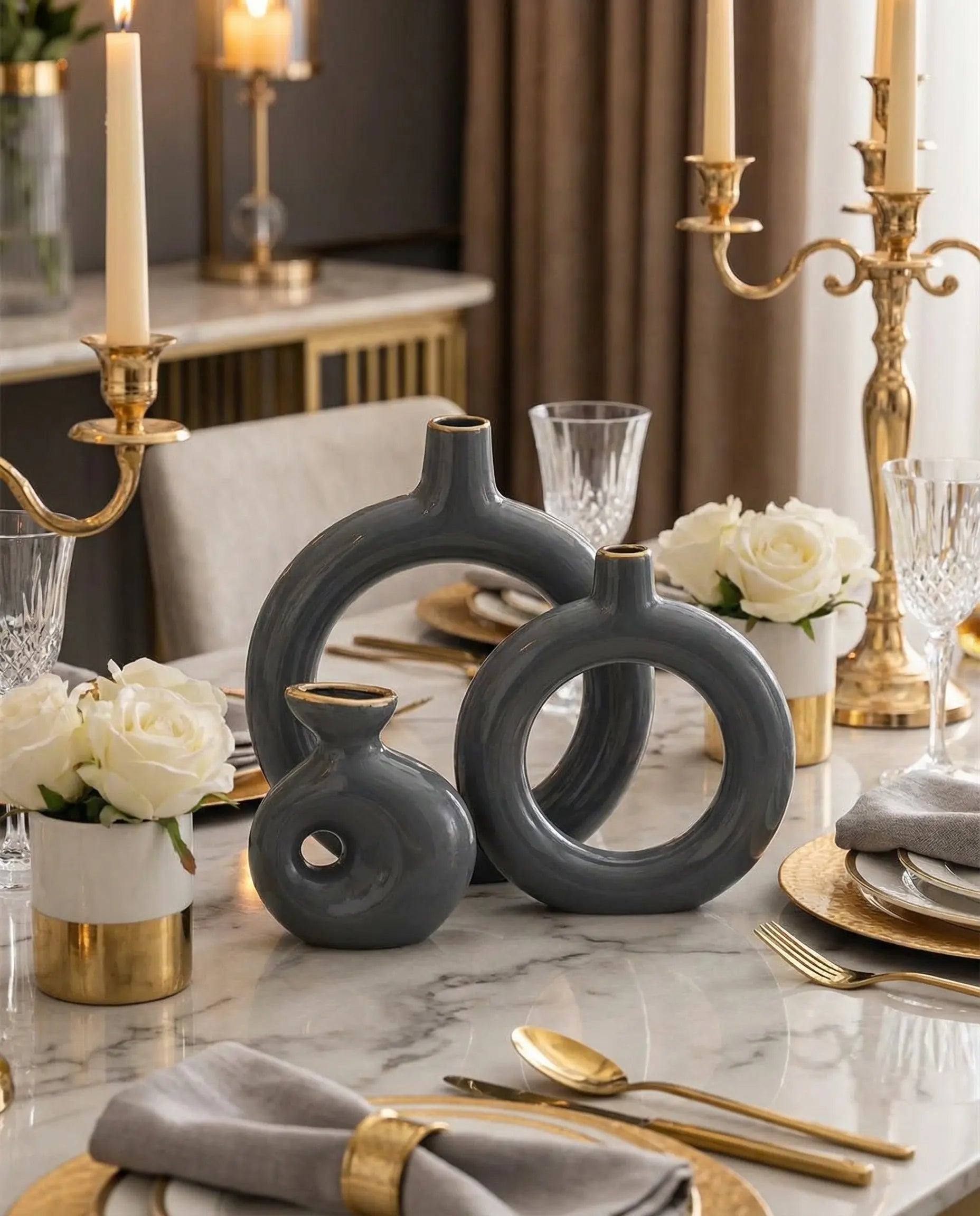 Semavi Collection Golden Halo Handmade Ring Vase Trio Set Grey Ceramic Semavi Collection
