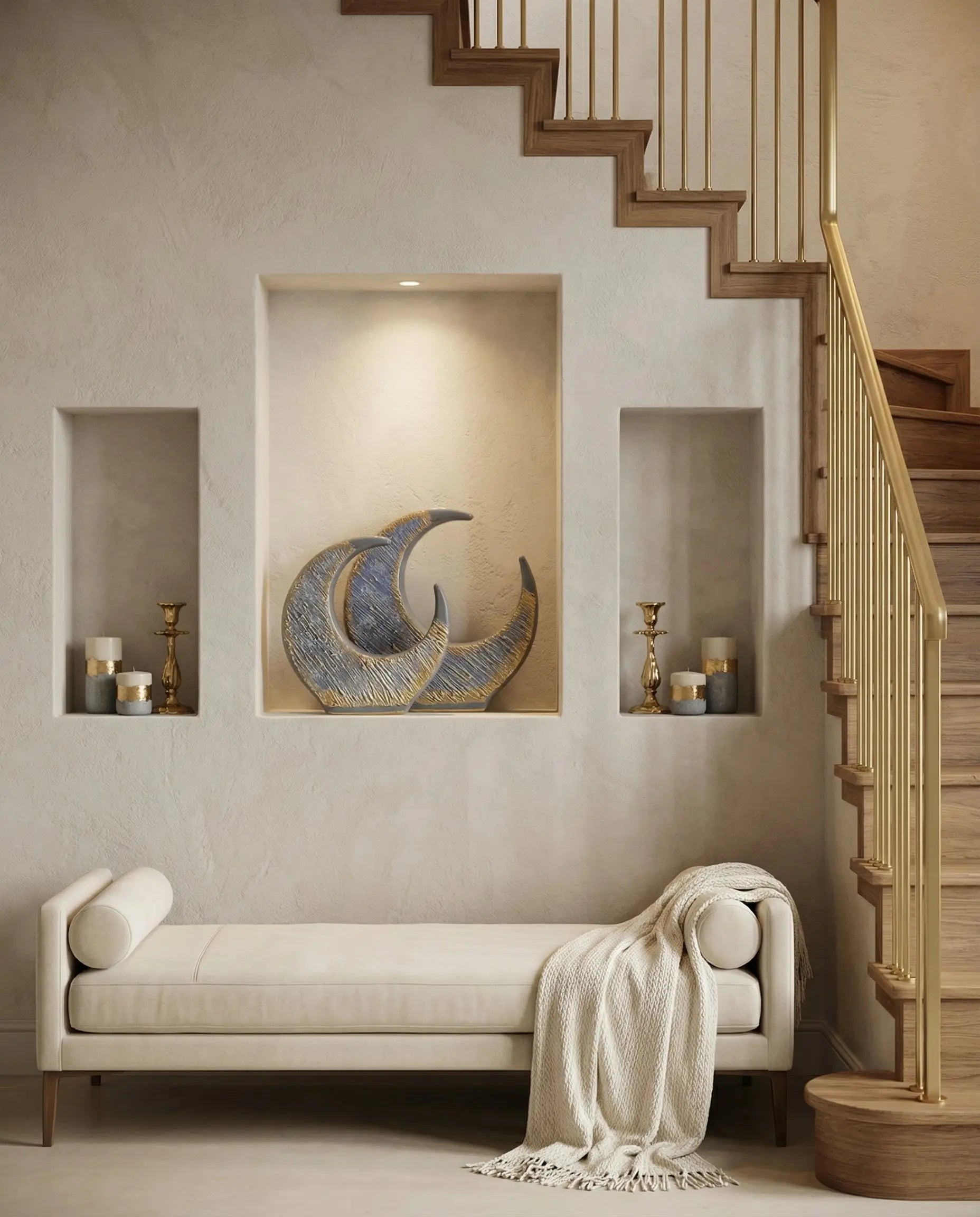 Semavi Collection Moon Crescent Handmade Dual Sculpture Set Grey Deep Sky Blue Gold Ceramic Semavi Collection