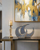 Semavi Collection Moon Crescent Handmade Dual Sculpture Set Grey Deep Sky Blue Gold Ceramic Semavi Collection
