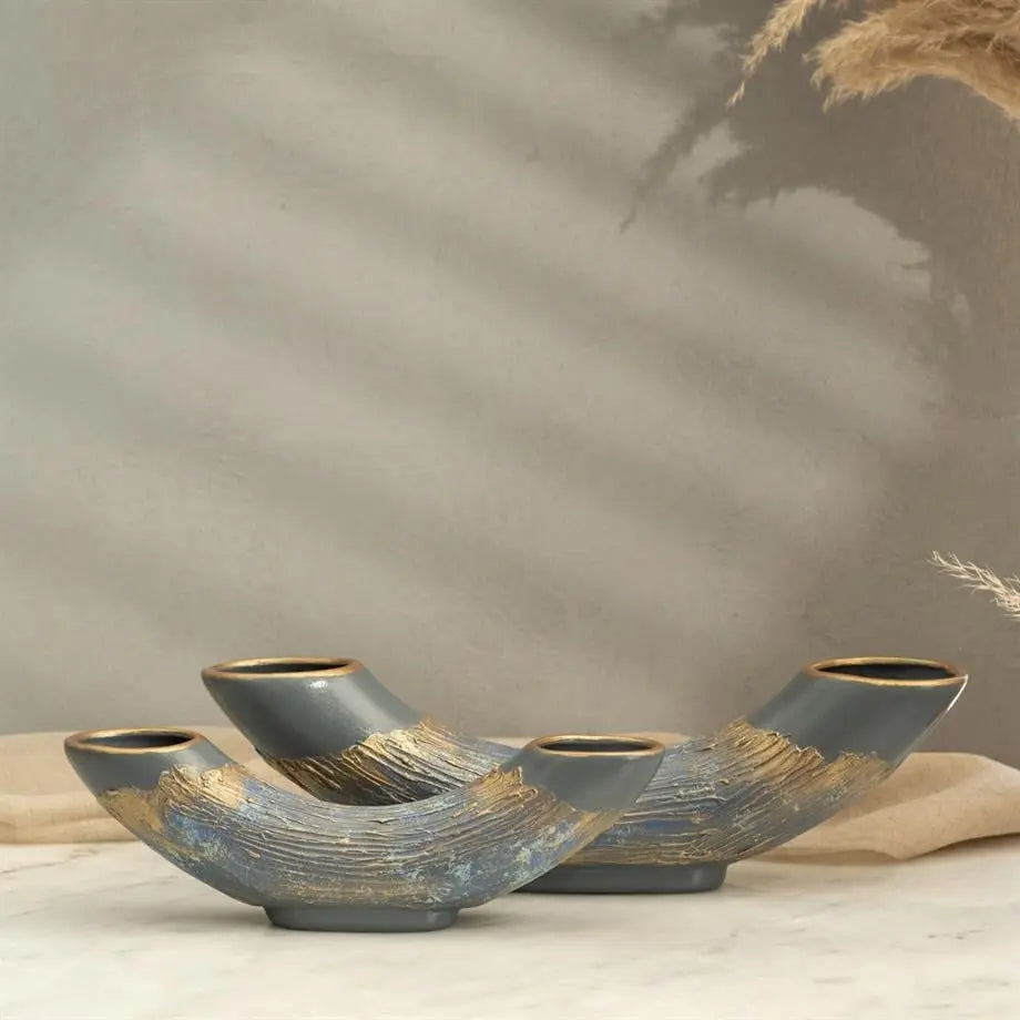 Semavi Collection Crescent Tide Handmade Half Moon Dual Vase Set Grey Blue Gold Ceramic Semavi Collection