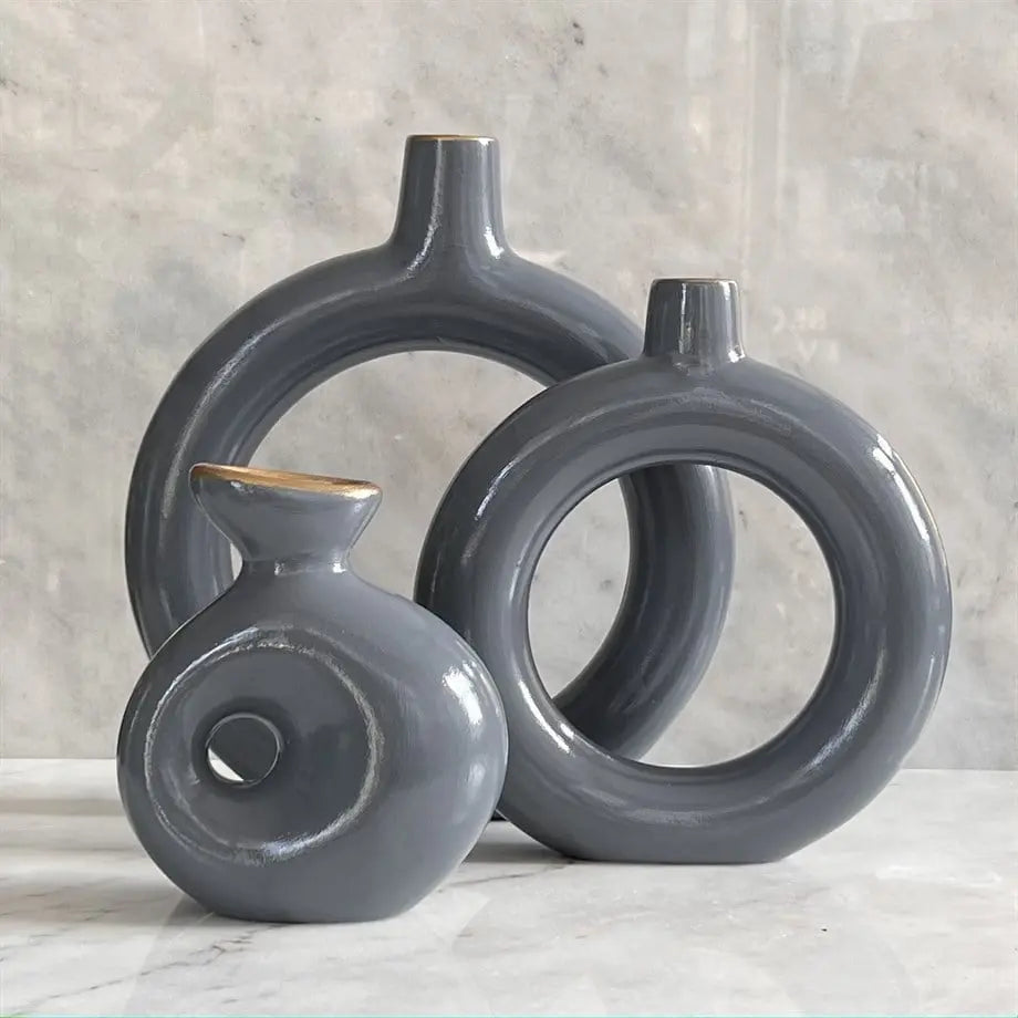 Semavi Collection Golden Halo Handmade Ring Vase Trio Set Grey Ceramic Semavi Collection