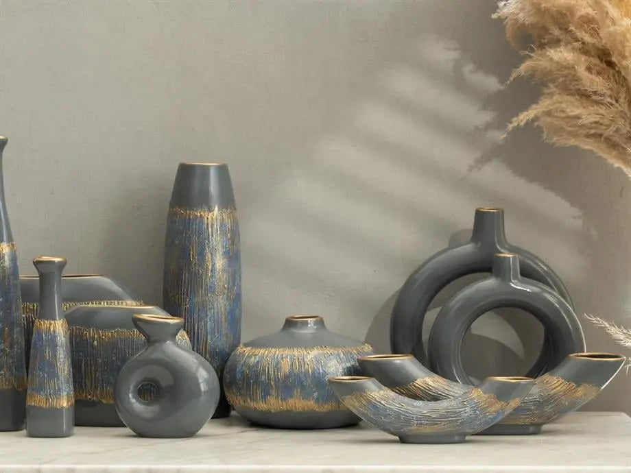 Semavi Collection Sky Pillar Handmade Cylinder Decorative Vase Grey Blue Gold Ceramic Semavi Collection