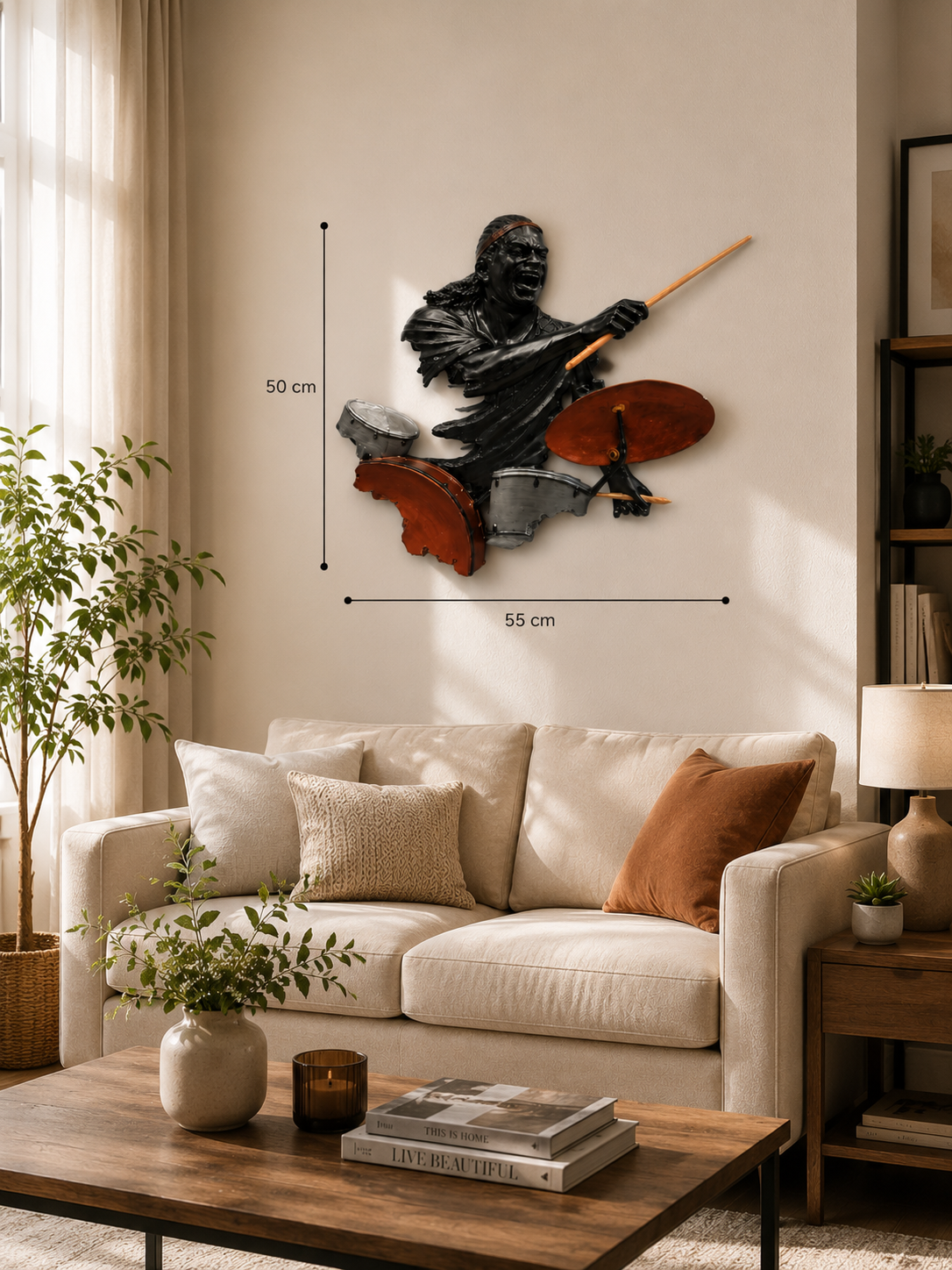 Ritmin Ustadı Baterist Duvar Heykeli Polyester El Yapımı 3D Dekoratif Duvar Objesi 50x55 cm Dea'rt İstanbul