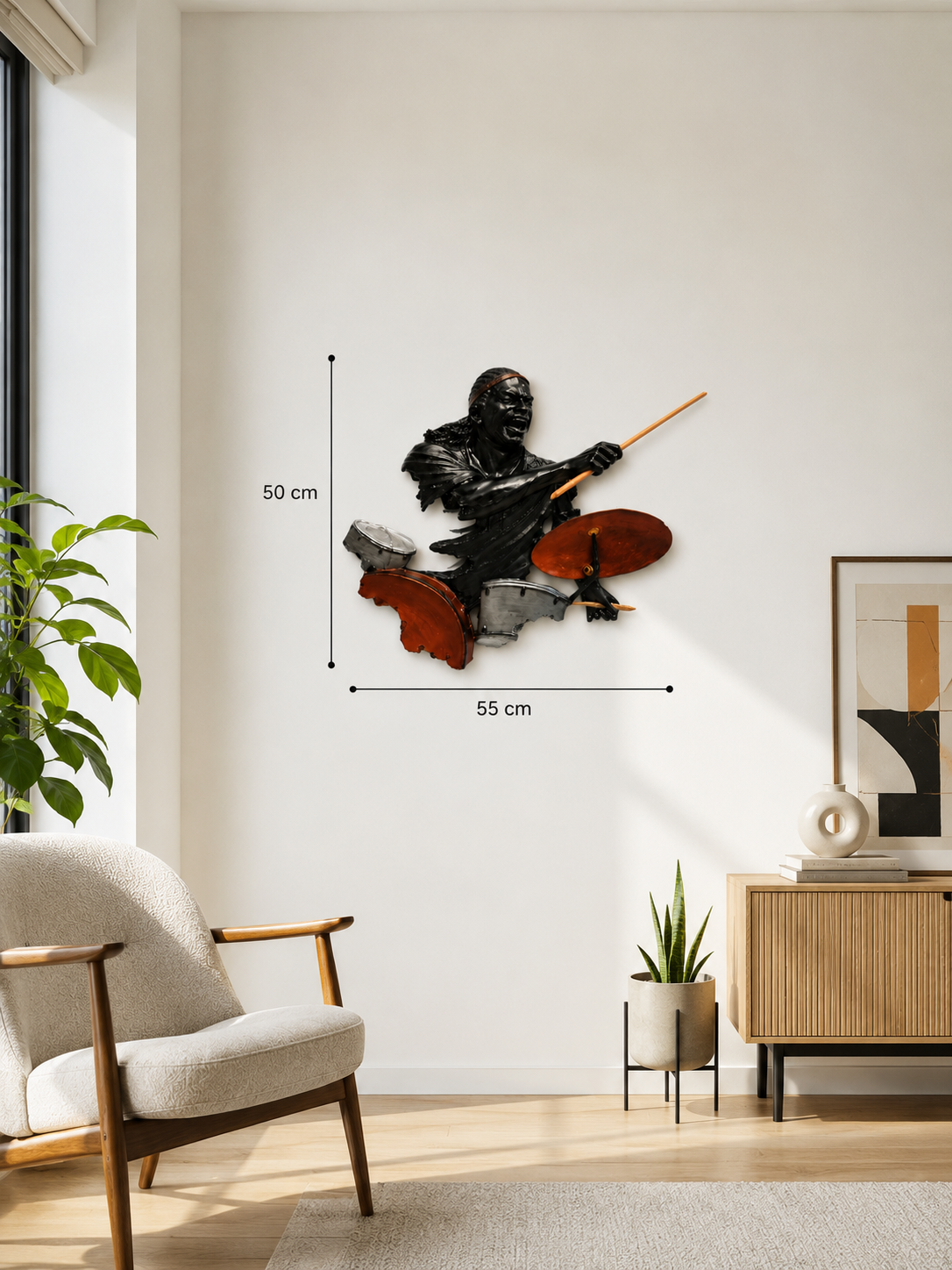 Ritmin Ustadı Baterist Duvar Heykeli Polyester El Yapımı 3D Dekoratif Duvar Objesi 50x55 cm Dea'rt İstanbul