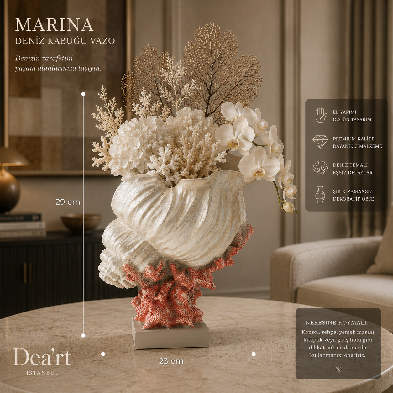 Marina Deniz Kabuğu Vazo | 29 cm Dekoratif Obje Deart İstanbul