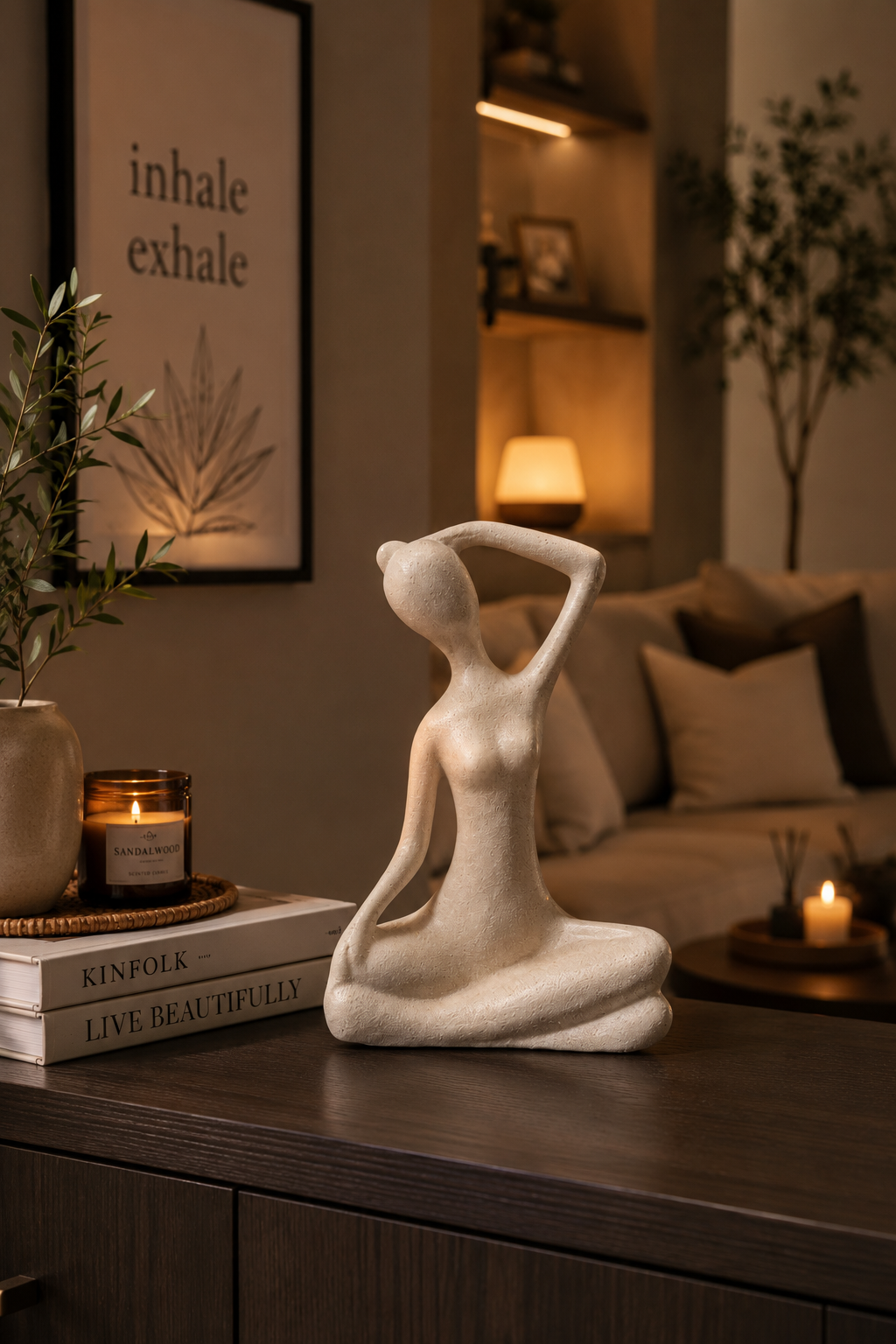 Serenity Meditatif Kadın Heykeli 31 cm – Modern Dekoratif Obje Krem Deart İstanbul